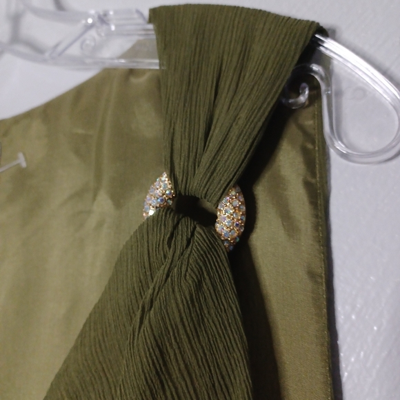 #66 Citrine Green Silk Drop Waist Empire Waist Ruched Bodice Dress Women's 12 - Picture 3 of 11